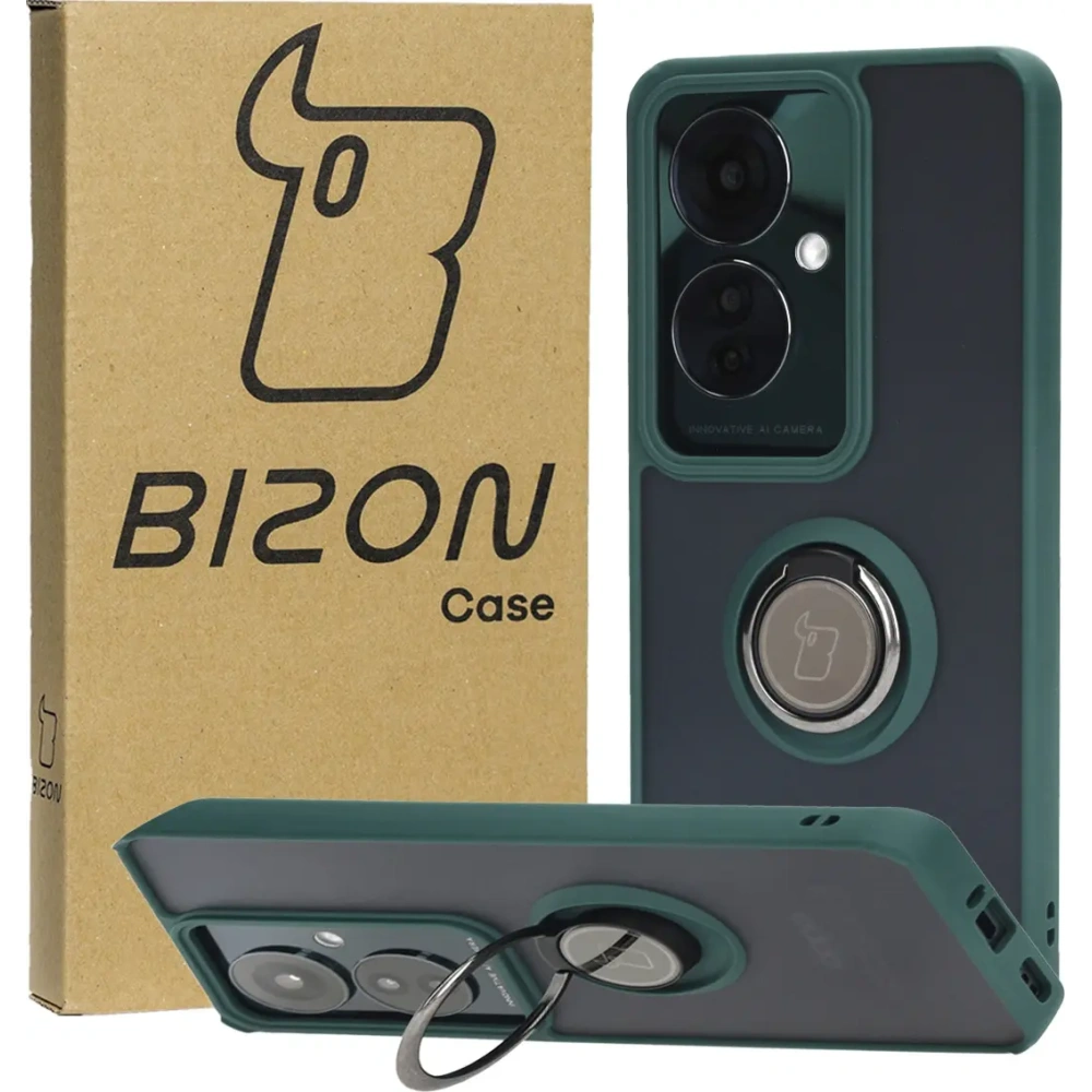 Etui z uchwytem na palec Bizon Case Hybrid Ring do Oppo Reno11 F 5G przydymione z ciemnozieloną ramką
