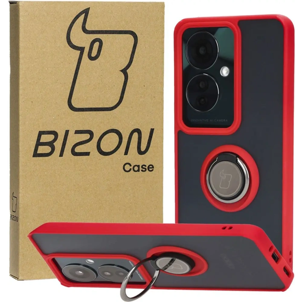 Etui z uchwytem na palec Bizon Case Hybrid Ring do Oppo Reno11 F 5G przydymione z czerwoną ramką