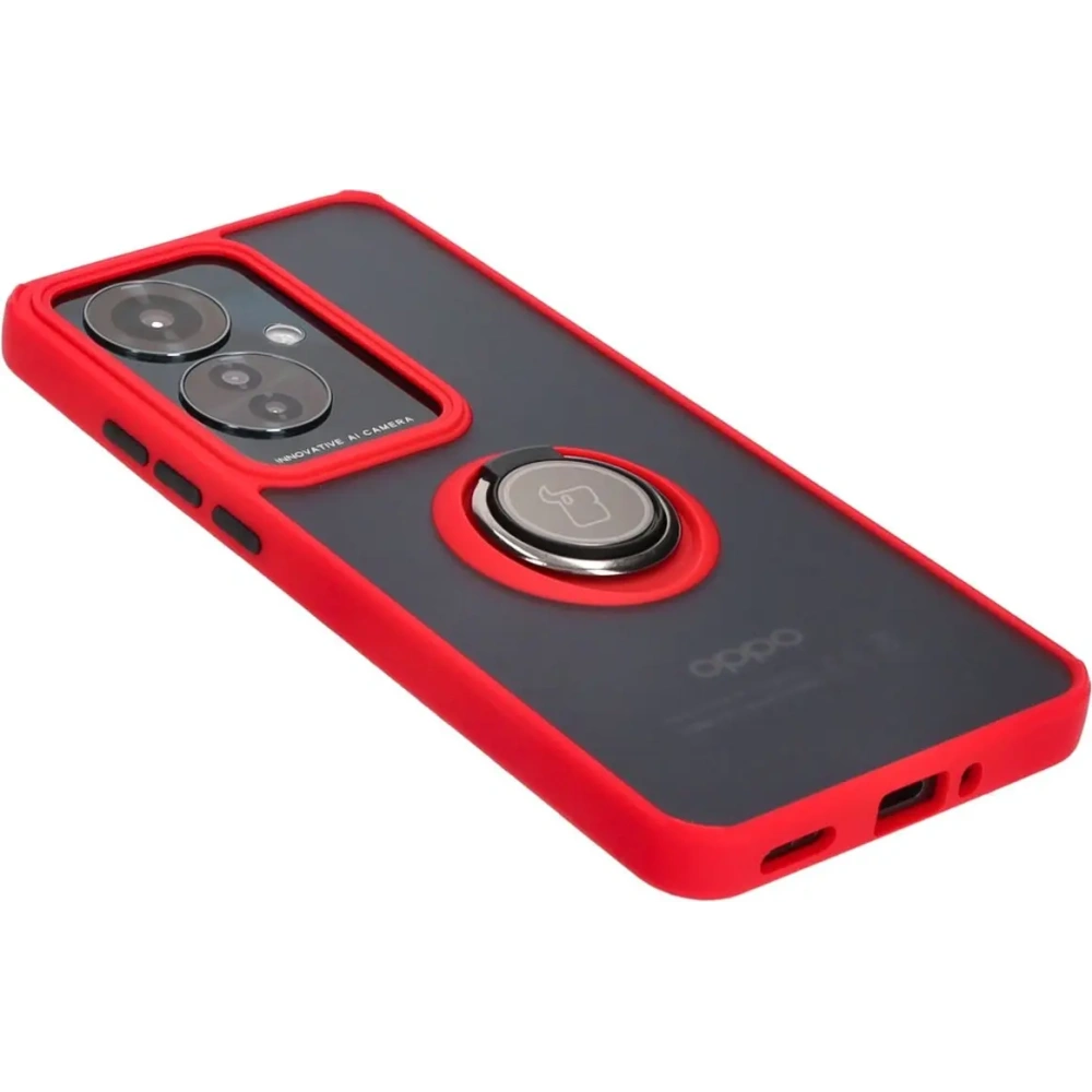 Etui z uchwytem na palec Bizon Case Hybrid Ring do Oppo Reno11 F 5G przydymione z czerwoną ramką
