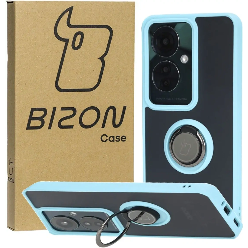 Etui z uchwytem na palec Bizon Case Hybrid Ring do Oppo Reno11 F 5G przydymione z jasnoniebieską ramką