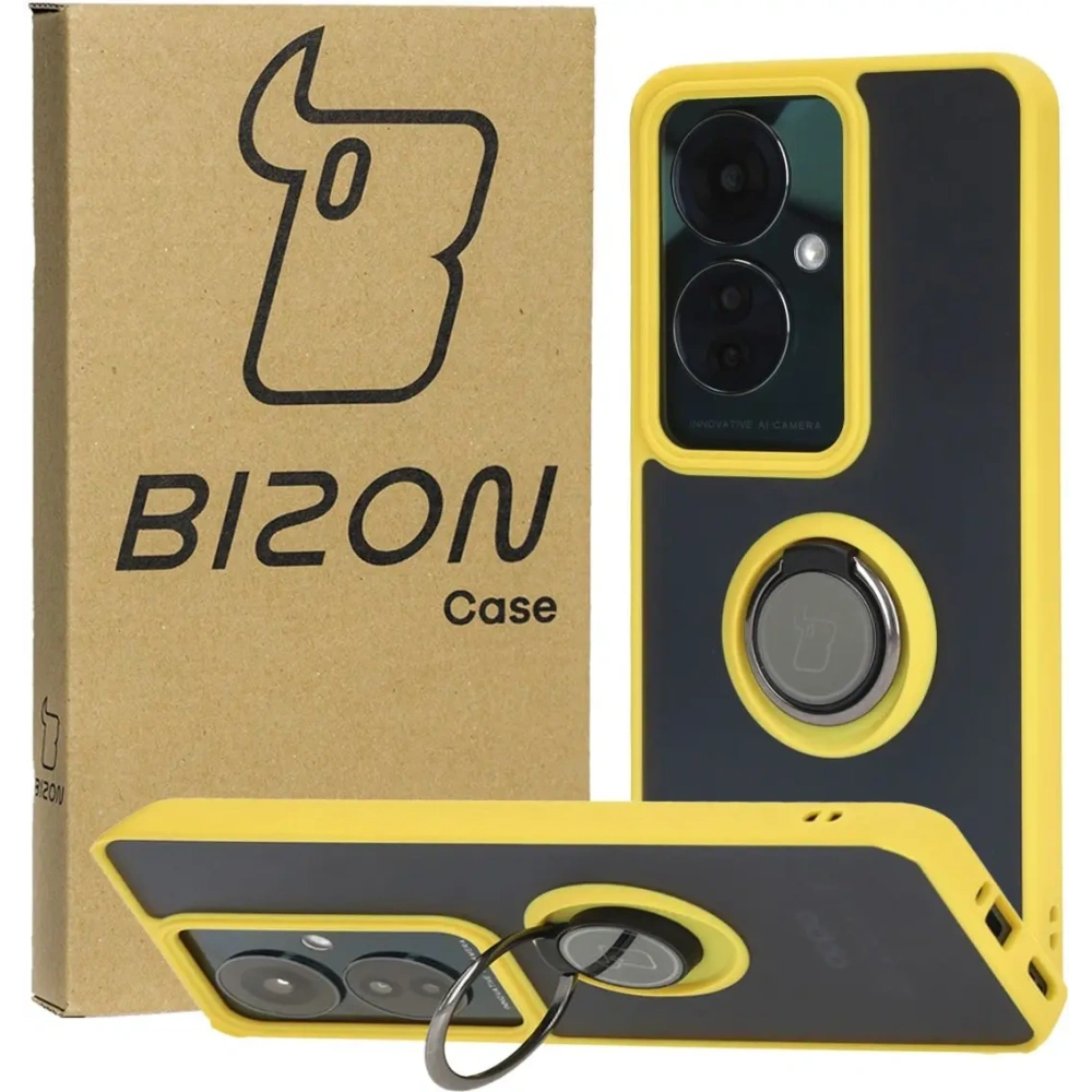 Etui z uchwytem na palec Bizon Case Hybrid Ring do Oppo Reno11 F 5G przydymione z żółtą ramką