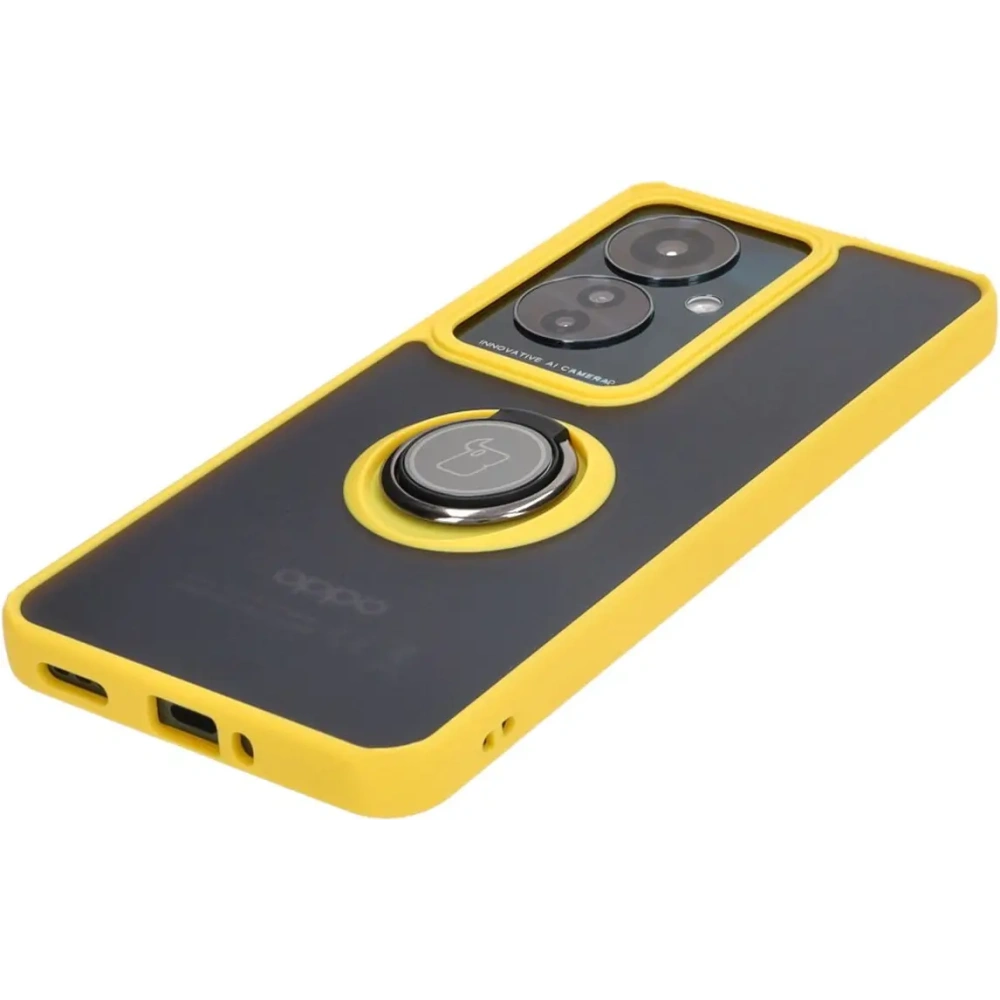 Etui z uchwytem na palec Bizon Case Hybrid Ring do Oppo Reno11 F 5G przydymione z żółtą ramką