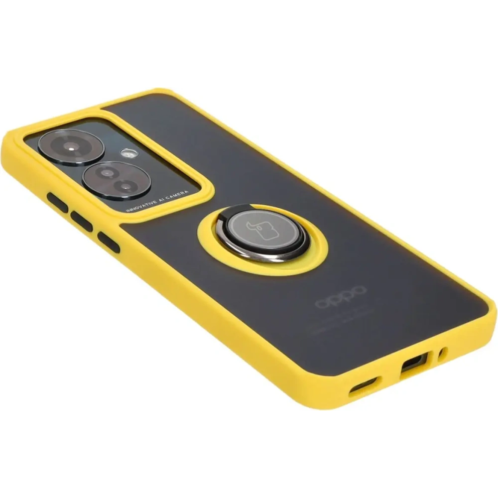 Etui z uchwytem na palec Bizon Case Hybrid Ring do Oppo Reno11 F 5G przydymione z żółtą ramką