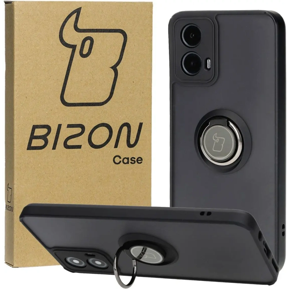 Etui z uchwytem na palec Bizon Case Hybrid Ring do Motorola Moto G34 5G przydymione z czarną ramką