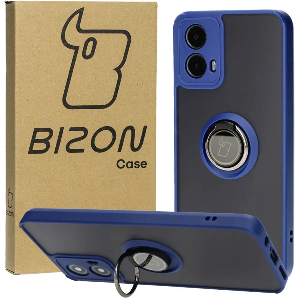 Etui z uchwytem na palec Bizon Case Hybrid Ring do Motorola Moto G34 5G przydymione z granatową ramką