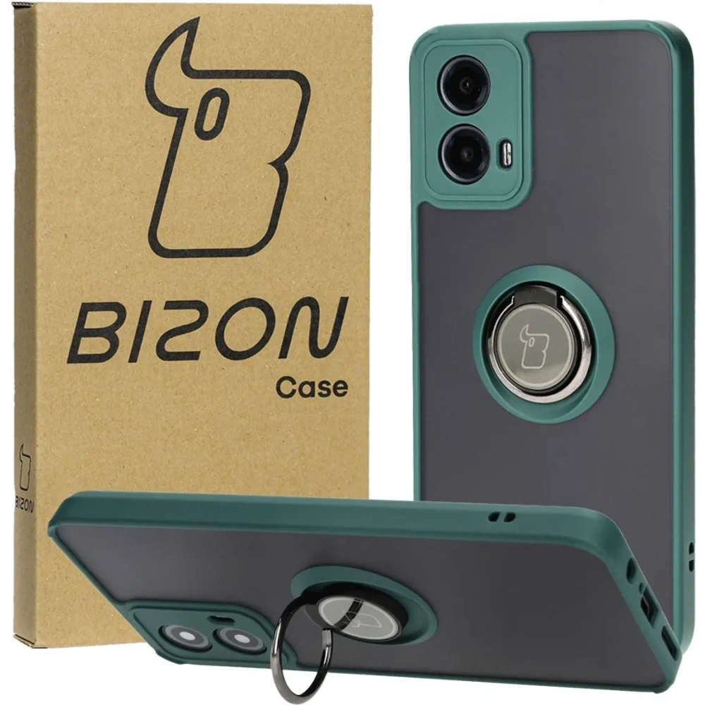 Etui z uchwytem na palec Bizon Case Hybrid Ring do Motorola Moto G34 5G przydymione z ciemnozieloną ramką