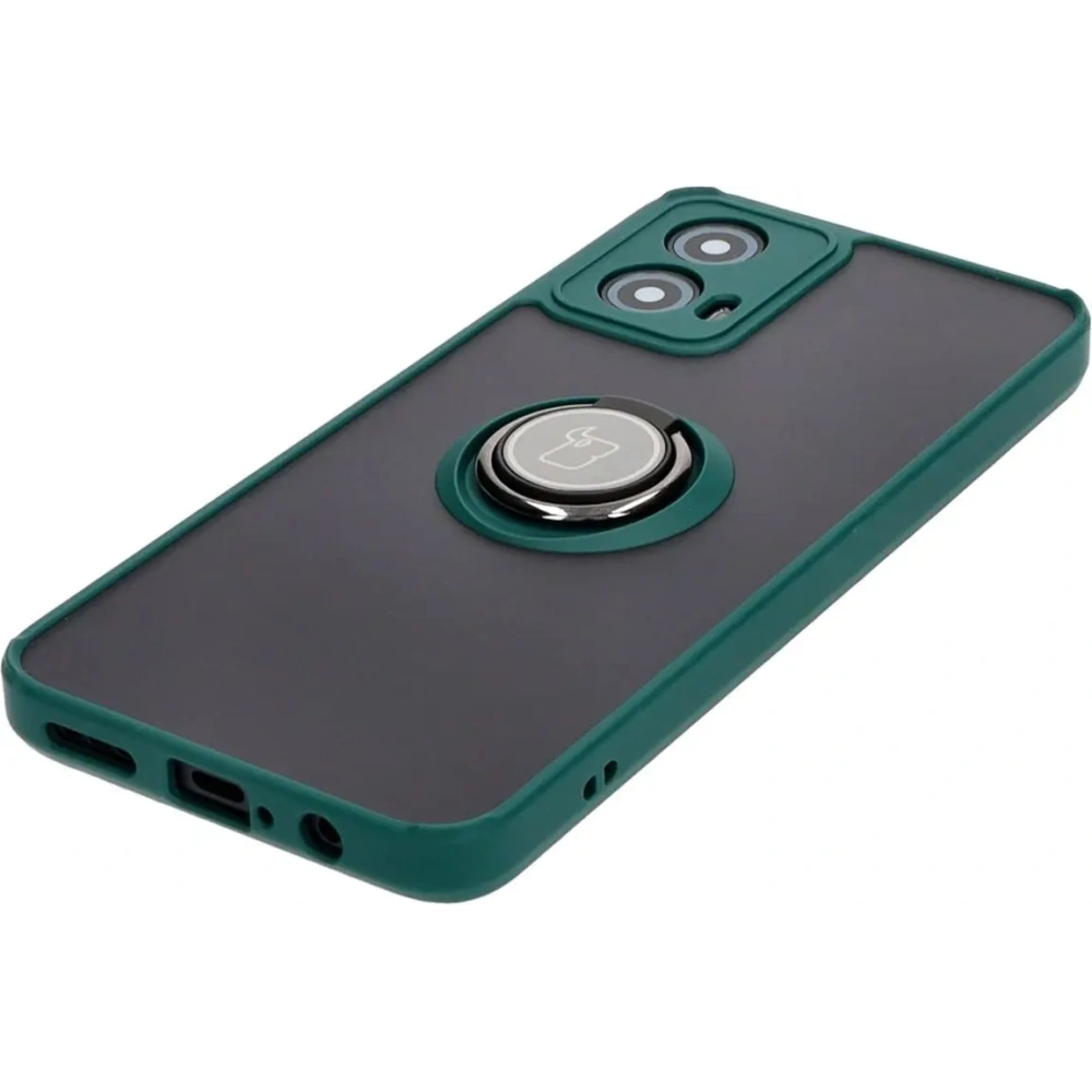 Etui z uchwytem na palec Bizon Case Hybrid Ring do Motorola Moto G34 5G przydymione z ciemnozieloną ramką
