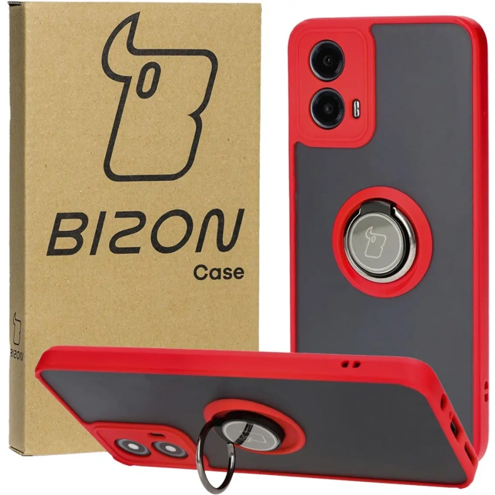 Etui z uchwytem na palec Bizon Case Hybrid Ring do Motorola Moto G34 5G przydymione z czerwoną ramką