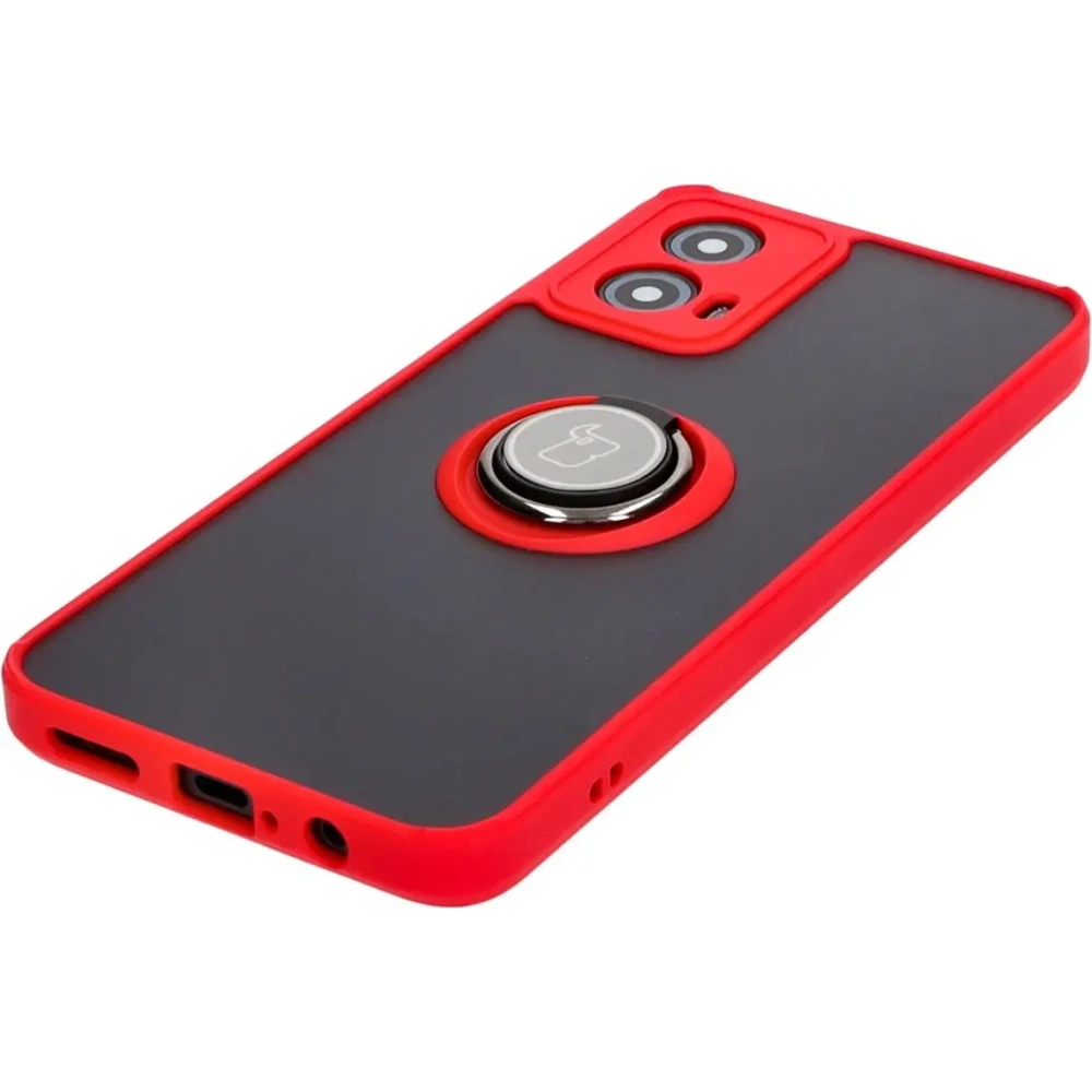 Etui z uchwytem na palec Bizon Case Hybrid Ring do Motorola Moto G34 5G przydymione z czerwoną ramką