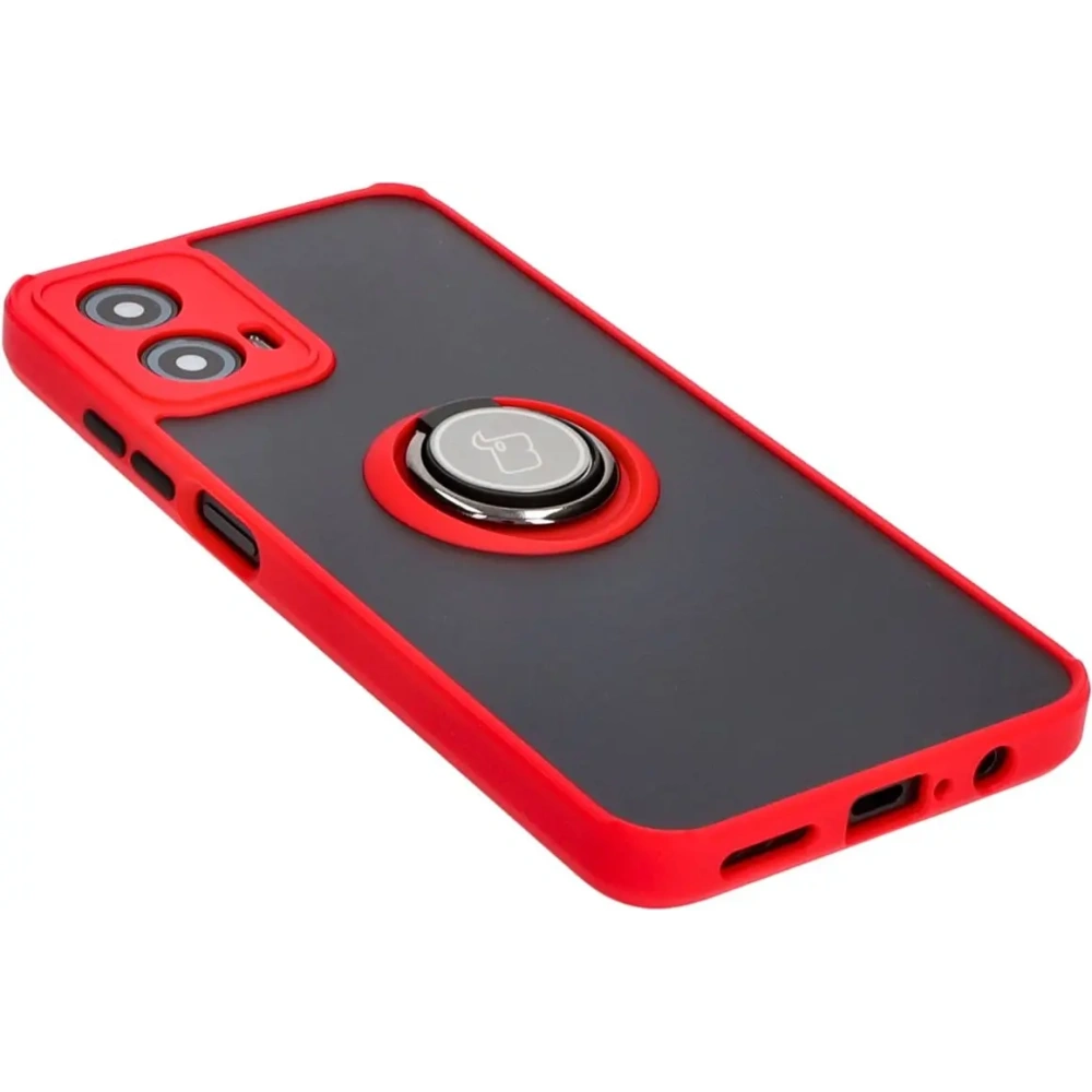 Etui z uchwytem na palec Bizon Case Hybrid Ring do Motorola Moto G34 5G przydymione z czerwoną ramką
