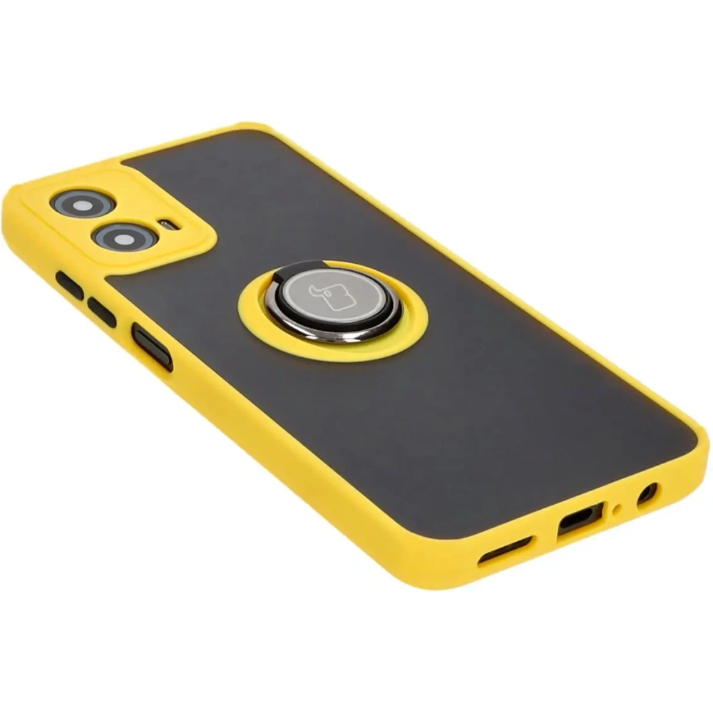 Etui z uchwytem na palec Bizon Case Hybrid Ring do Motorola Moto G34 5G przydymione z żółtą ramką