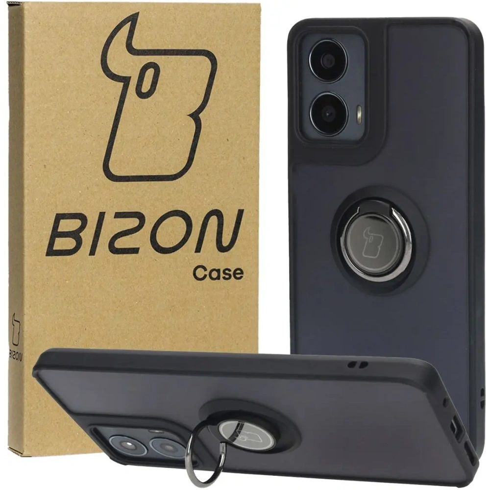 Etui z uchwytem na palec Bizon Case Hybrid Ring do Motorola Moto G04 / G24 / G24 Power przydymione z czarną ramką