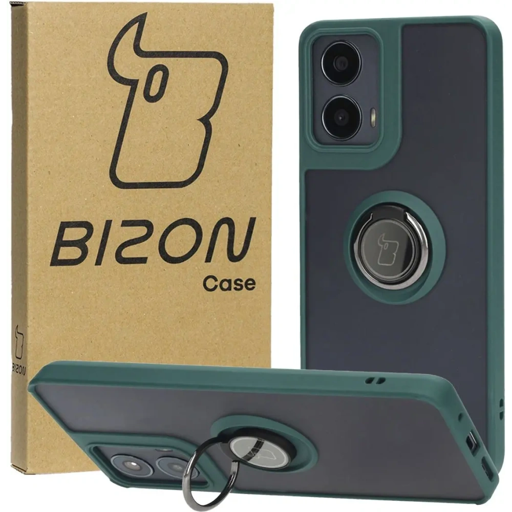 Etui z uchwytem na palec Bizon Case Hybrid Ring do Motorola Moto G04 / G24 / G24 Power przydymione z ciemnozieloną ramką