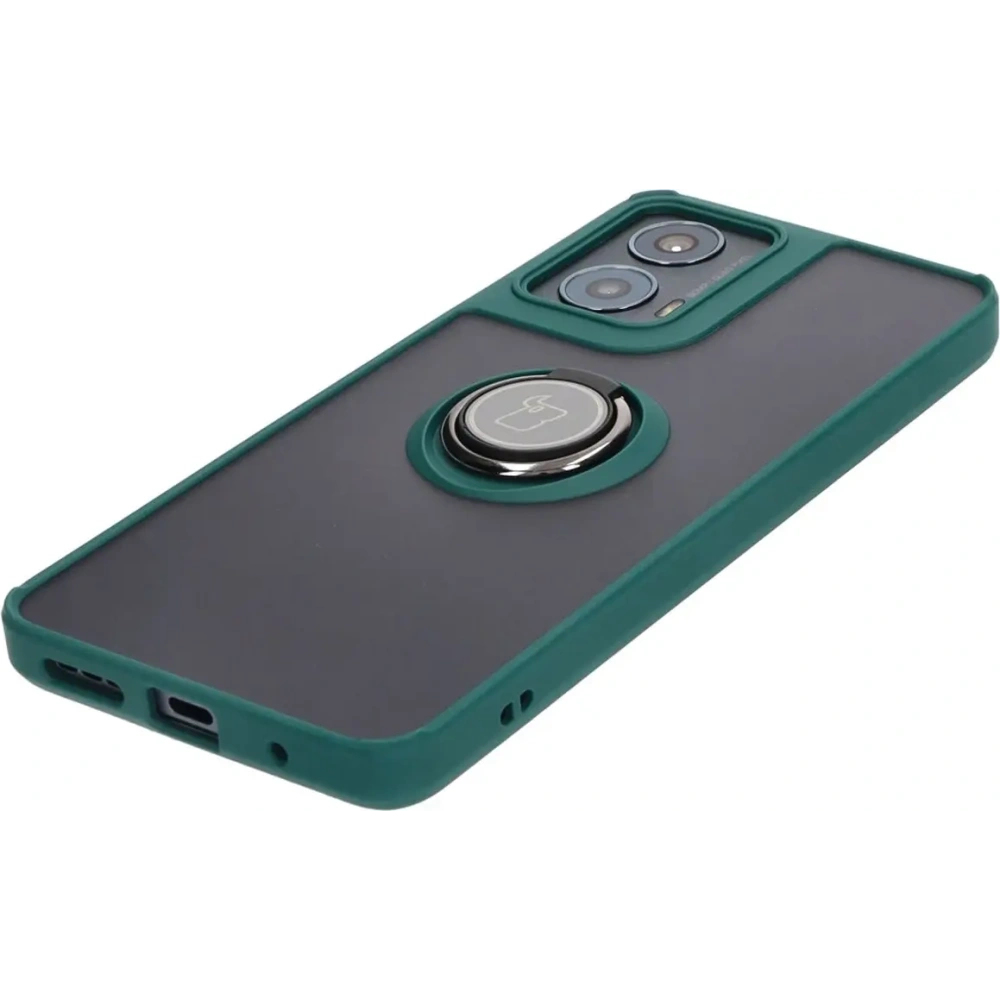Etui z uchwytem na palec Bizon Case Hybrid Ring do Motorola Moto G04 / G24 / G24 Power przydymione z ciemnozieloną ramką