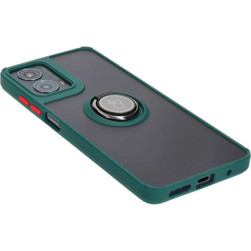 Etui z uchwytem na palec Bizon Case Hybrid Ring do Motorola Moto G04 / G24 / G24 Power przydymione z ciemnozieloną ramką