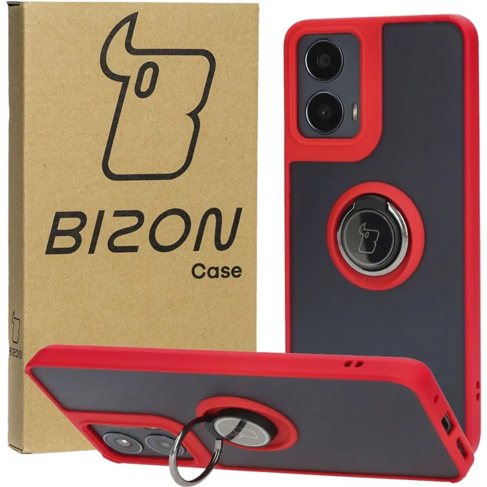 Etui z uchwytem na palec Bizon Case Hybrid Ring do Motorola Moto G04 / G24 / G24 Power przydymione z czerwoną ramką