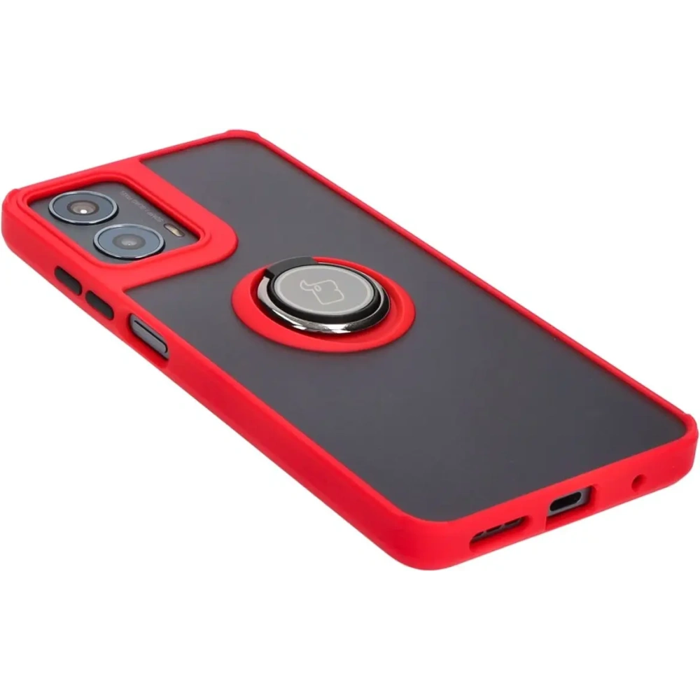 Etui z uchwytem na palec Bizon Case Hybrid Ring do Motorola Moto G04 / G24 / G24 Power przydymione z czerwoną ramką