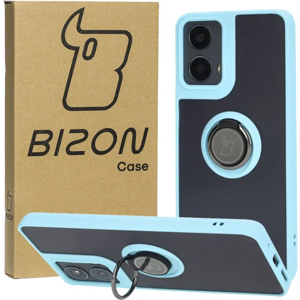 Etui z uchwytem na palec Bizon Case Hybrid Ring do Motorola Moto G04 / G24 / G24 Power przydymione z jasnoniebieską ramką