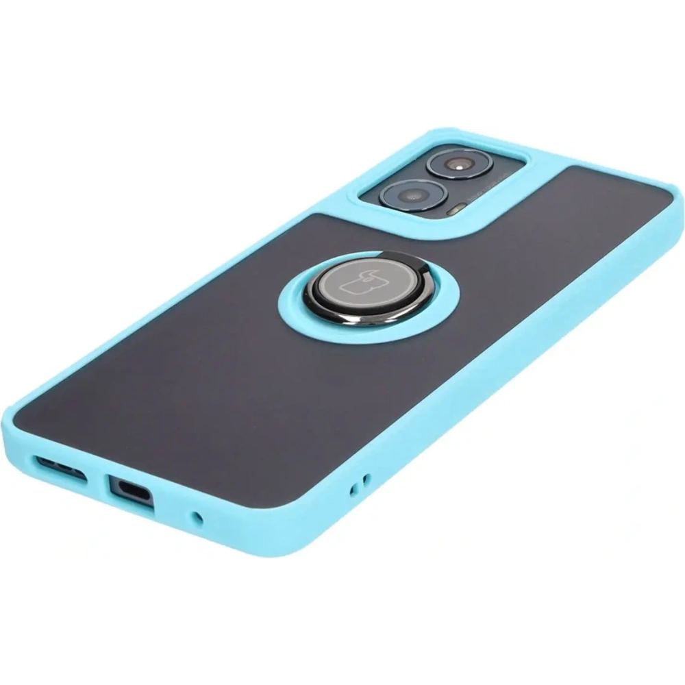 Etui z uchwytem na palec Bizon Case Hybrid Ring do Motorola Moto G04 / G24 / G24 Power przydymione z jasnoniebieską ramką
