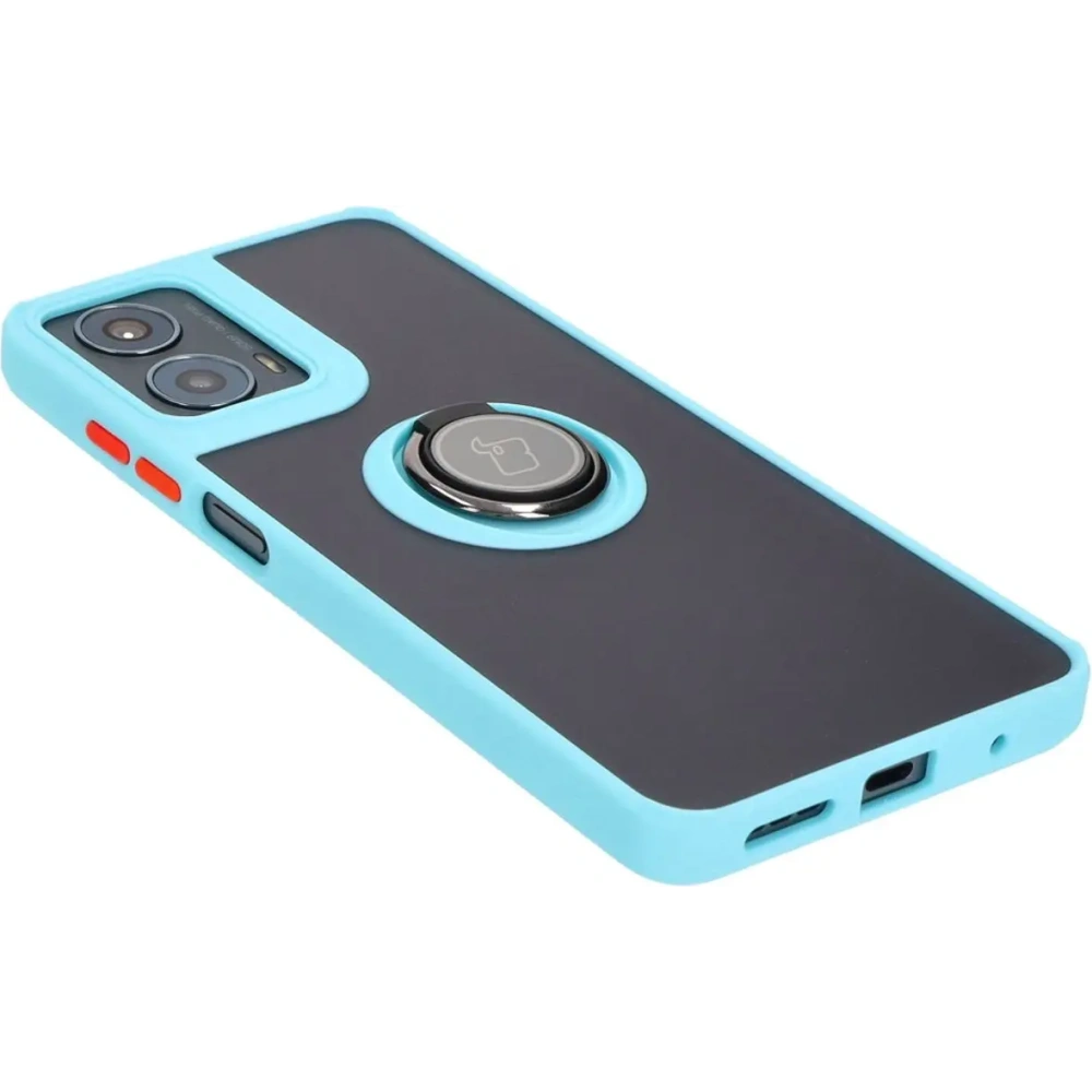 Etui z uchwytem na palec Bizon Case Hybrid Ring do Motorola Moto G04 / G24 / G24 Power przydymione z jasnoniebieską ramką