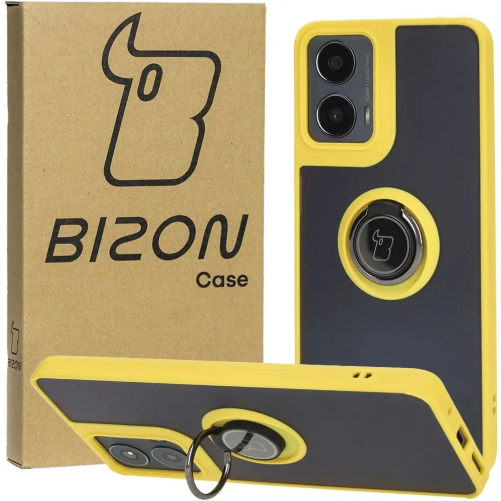 Etui z uchwytem na palec Bizon Case Hybrid Ring do Motorola Moto G04 / G24 / G24 Power przydymione z żółtą ramką