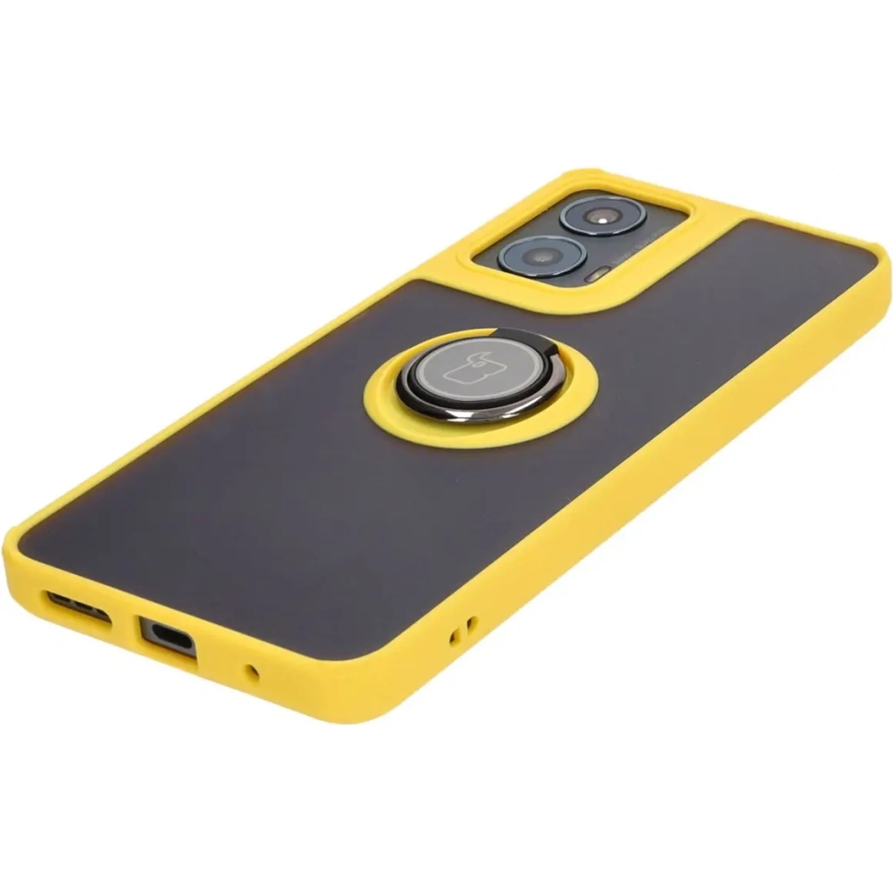 Etui z uchwytem na palec Bizon Case Hybrid Ring do Motorola Moto G04 / G24 / G24 Power przydymione z żółtą ramką