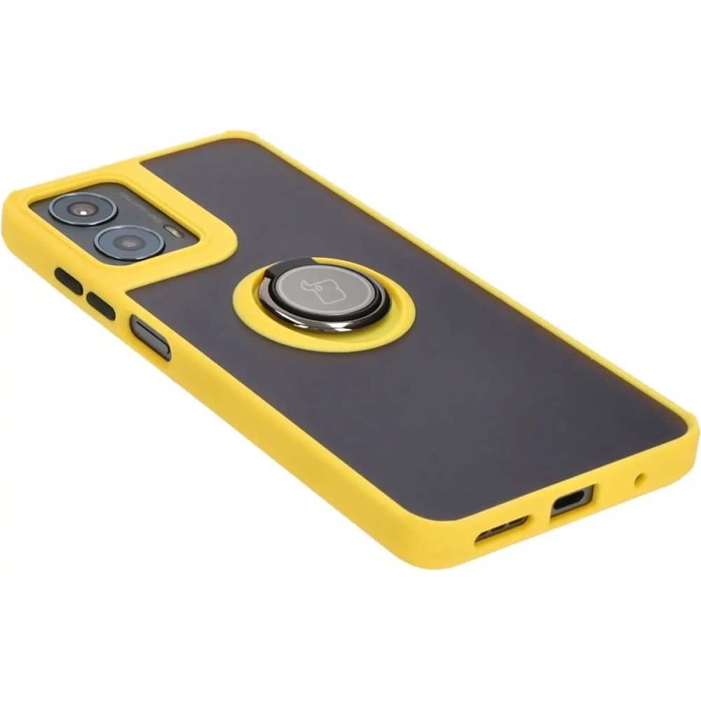 Etui z uchwytem na palec Bizon Case Hybrid Ring do Motorola Moto G04 / G24 / G24 Power przydymione z żółtą ramką