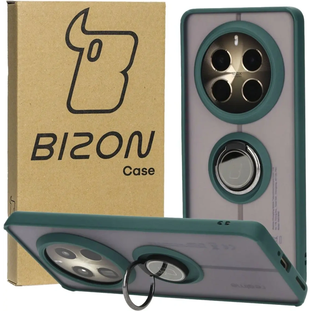 Etui z uchwytem na palec Bizon Case Hybrid Ring do Realme 12 Pro / 12 Pro+ przydymione z ciemnozieloną ramką