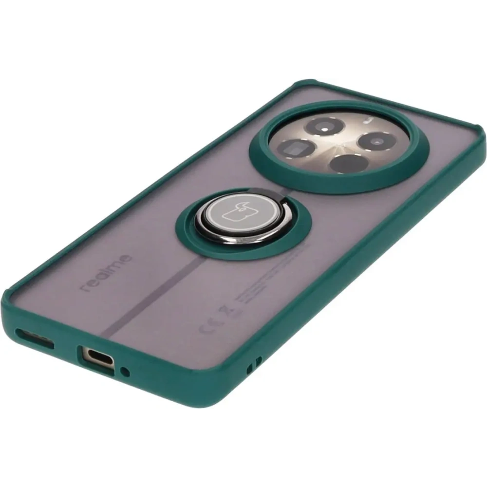 Etui z uchwytem na palec Bizon Case Hybrid Ring do Realme 12 Pro / 12 Pro+ przydymione z ciemnozieloną ramką