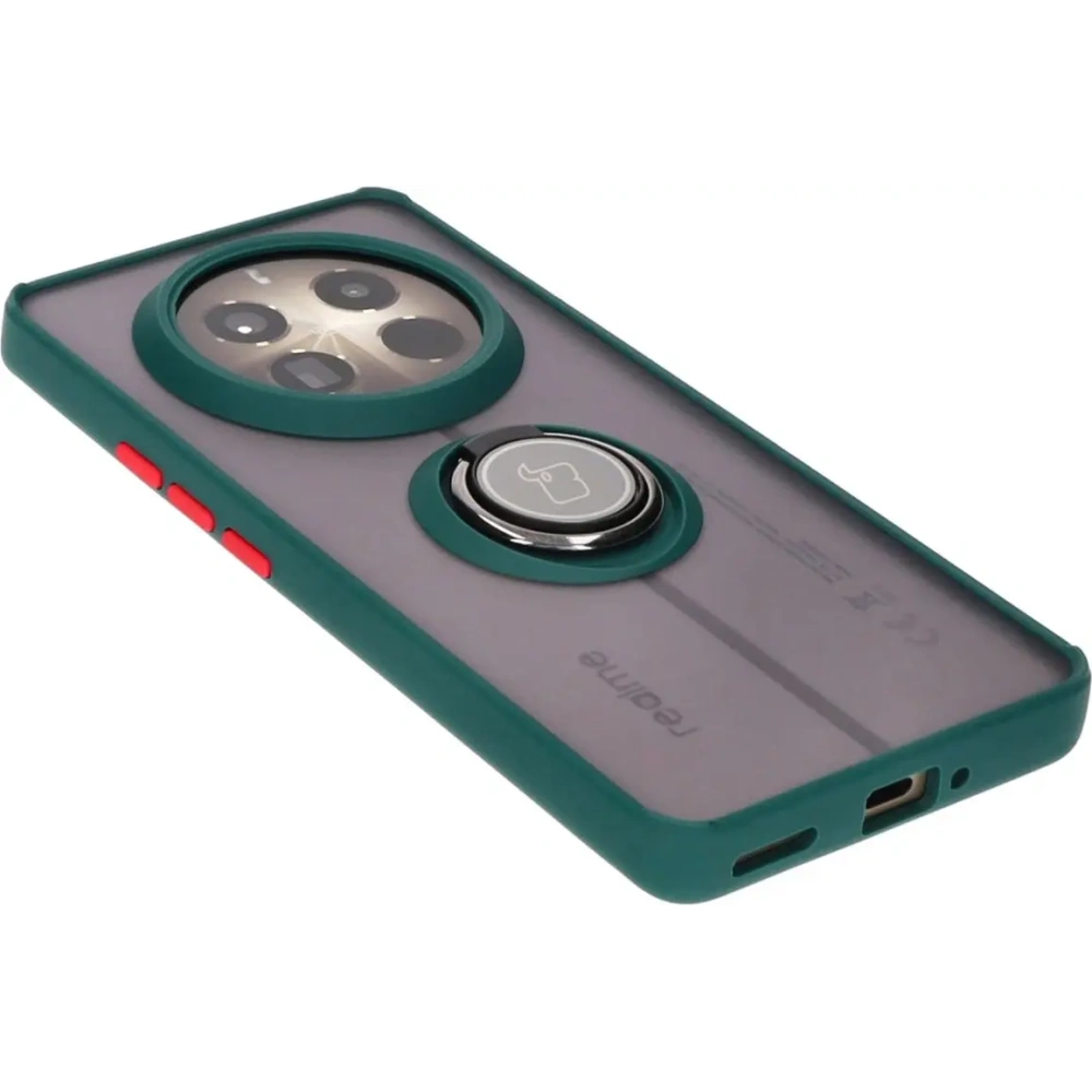 Etui z uchwytem na palec Bizon Case Hybrid Ring do Realme 12 Pro / 12 Pro+ przydymione z ciemnozieloną ramką