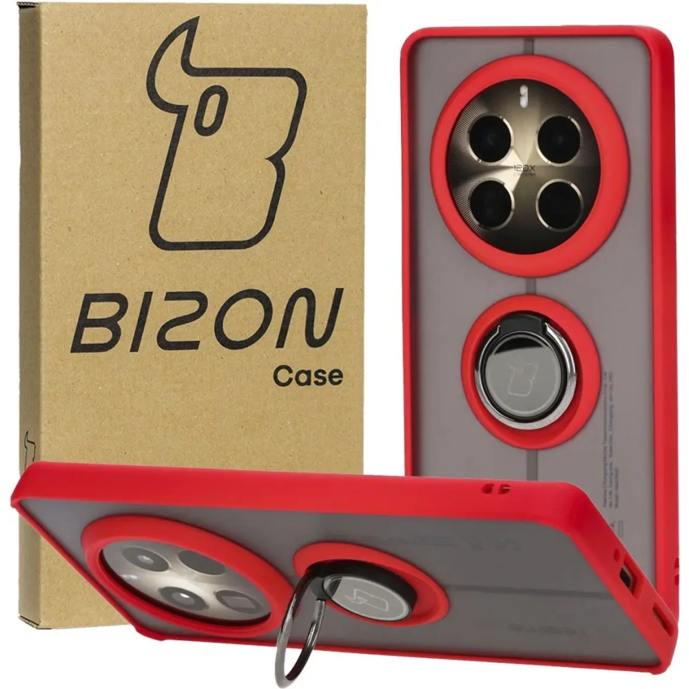 Etui z uchwytem na palec Bizon Case Hybrid Ring do Realme 12 Pro / 12 Pro+ przydymione z czerwoną ramką