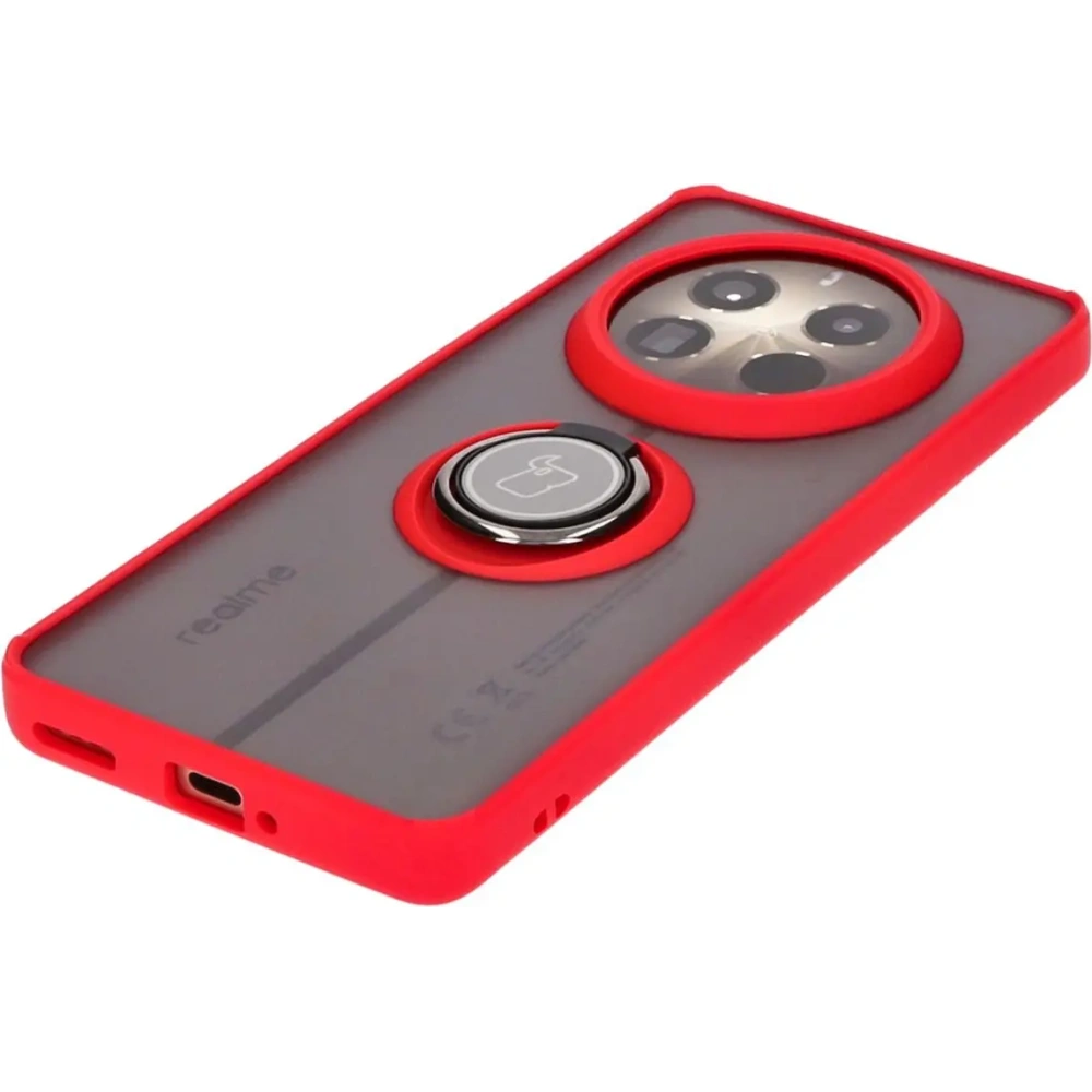 Etui z uchwytem na palec Bizon Case Hybrid Ring do Realme 12 Pro / 12 Pro+ przydymione z czerwoną ramką