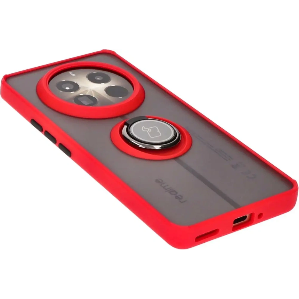 Etui z uchwytem na palec Bizon Case Hybrid Ring do Realme 12 Pro / 12 Pro+ przydymione z czerwoną ramką