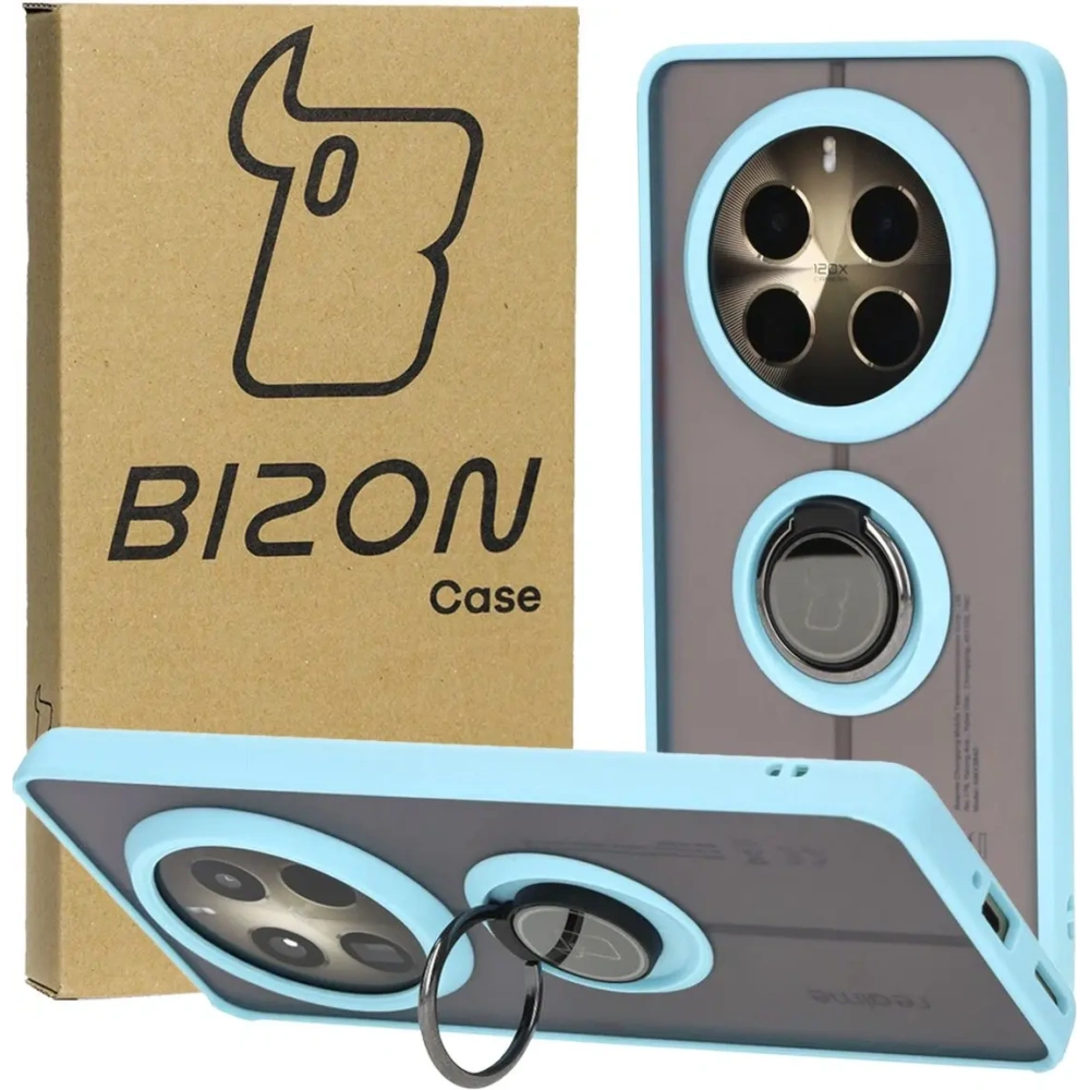 Etui z uchwytem na palec Bizon Case Hybrid Ring do Realme 12 Pro / 12 Pro+ przydymione z jasnoniebieską ramką