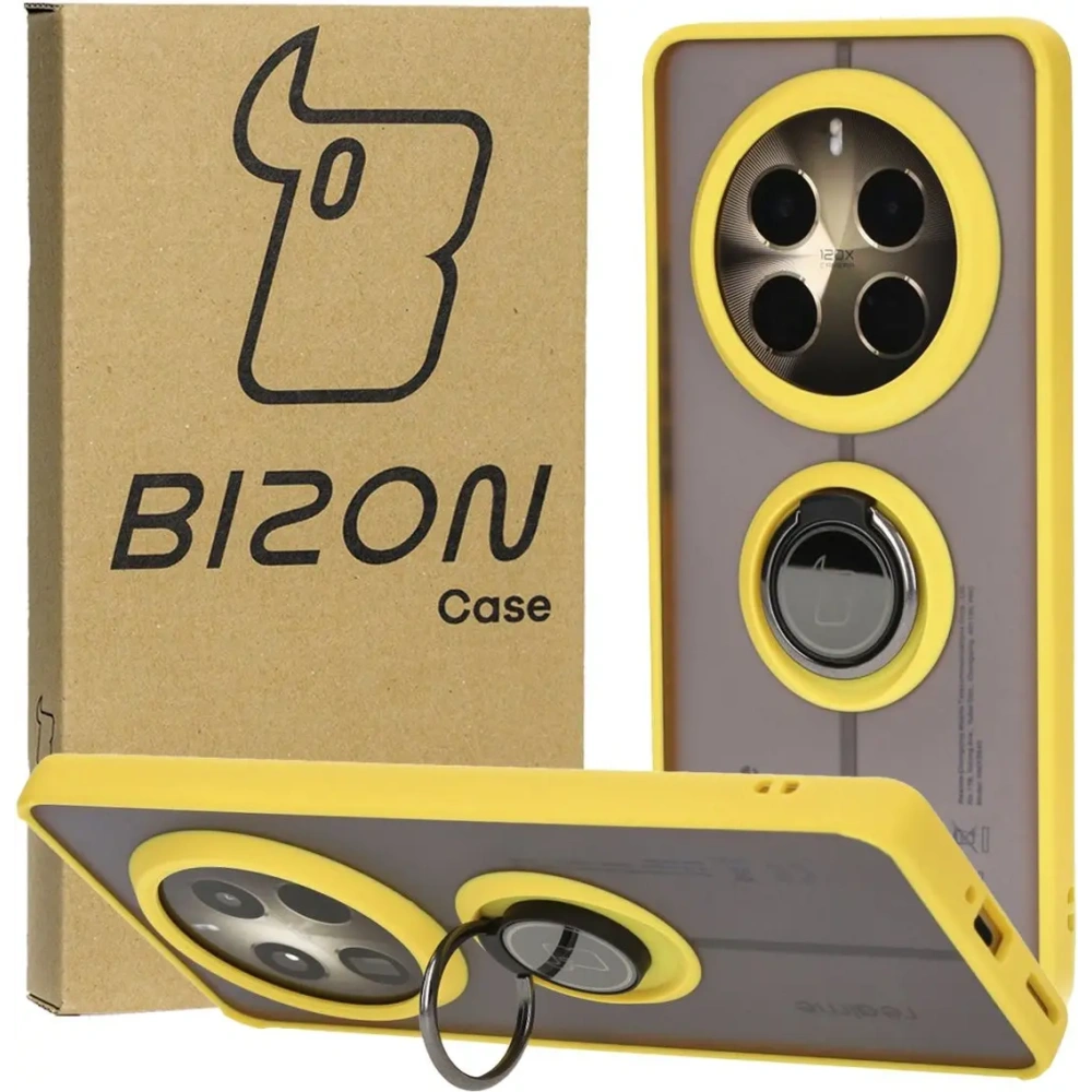 Etui z uchwytem na palec Bizon Case Hybrid Ring do Realme 12 Pro / 12 Pro+ przydymione z żółtą ramką