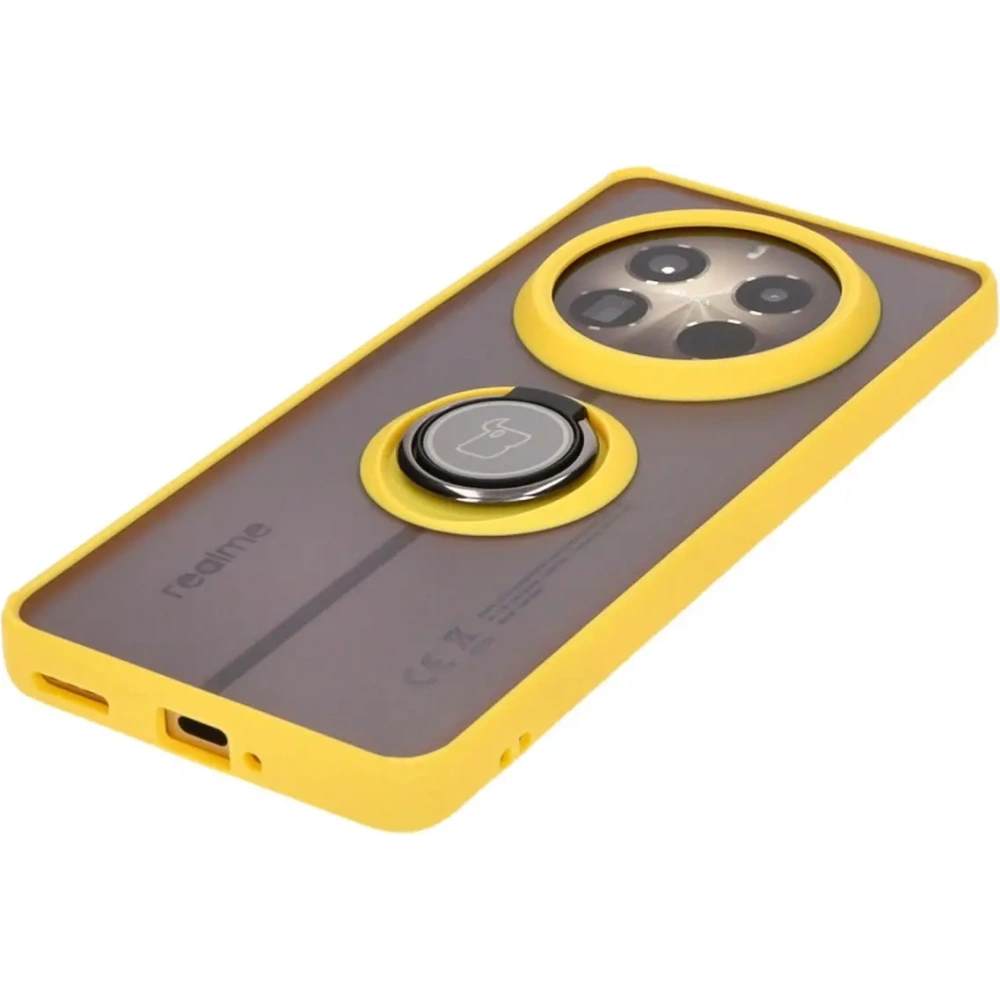 Etui z uchwytem na palec Bizon Case Hybrid Ring do Realme 12 Pro / 12 Pro+ przydymione z żółtą ramką