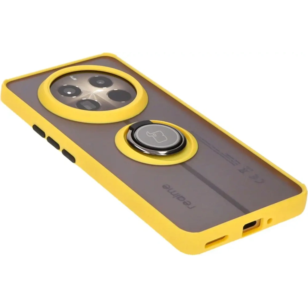Etui z uchwytem na palec Bizon Case Hybrid Ring do Realme 12 Pro / 12 Pro+ przydymione z żółtą ramką