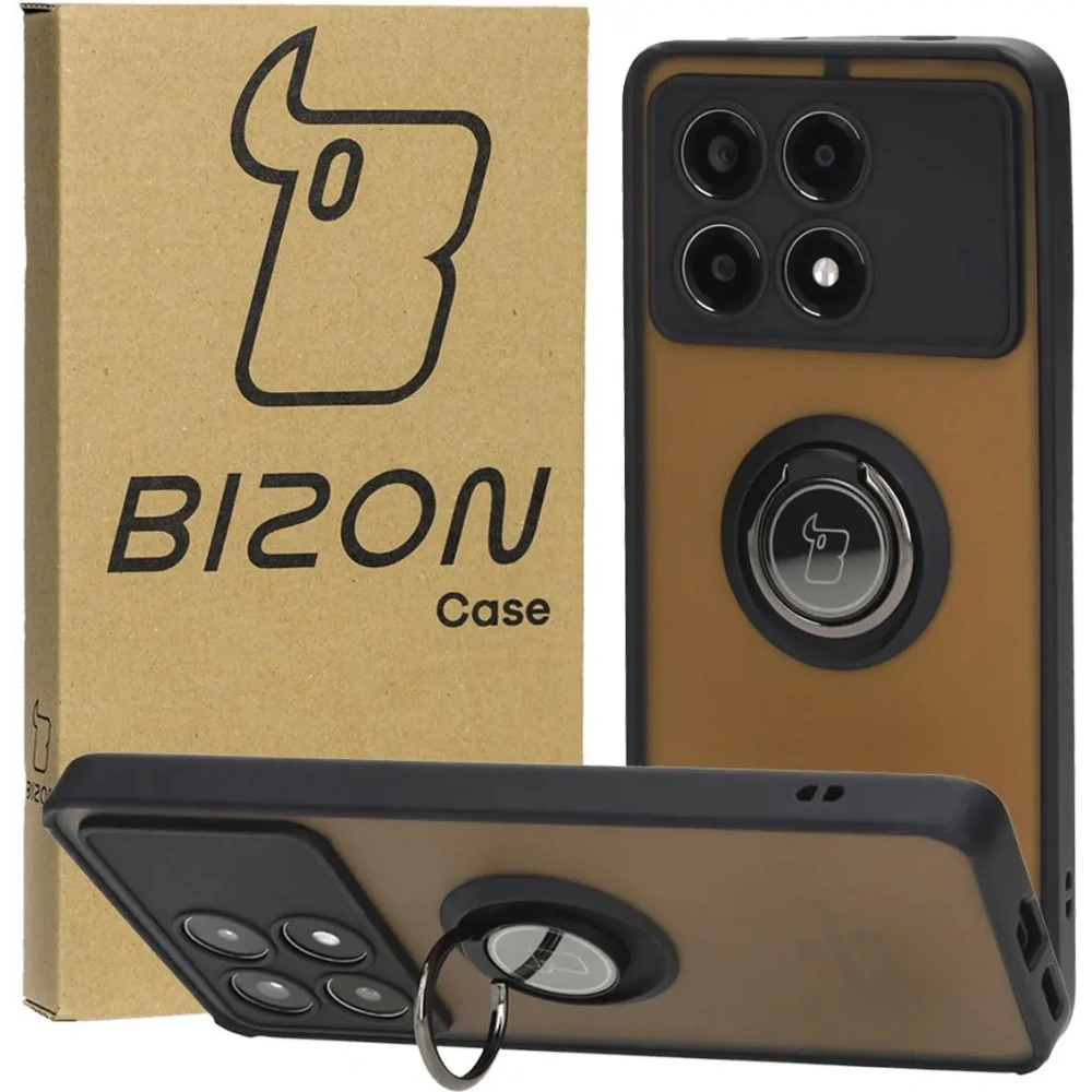 Etui z uchwytem na palec Bizon Case Hybrid Ring do Xiaomi Poco X6 Pro przydymione z czarną ramką