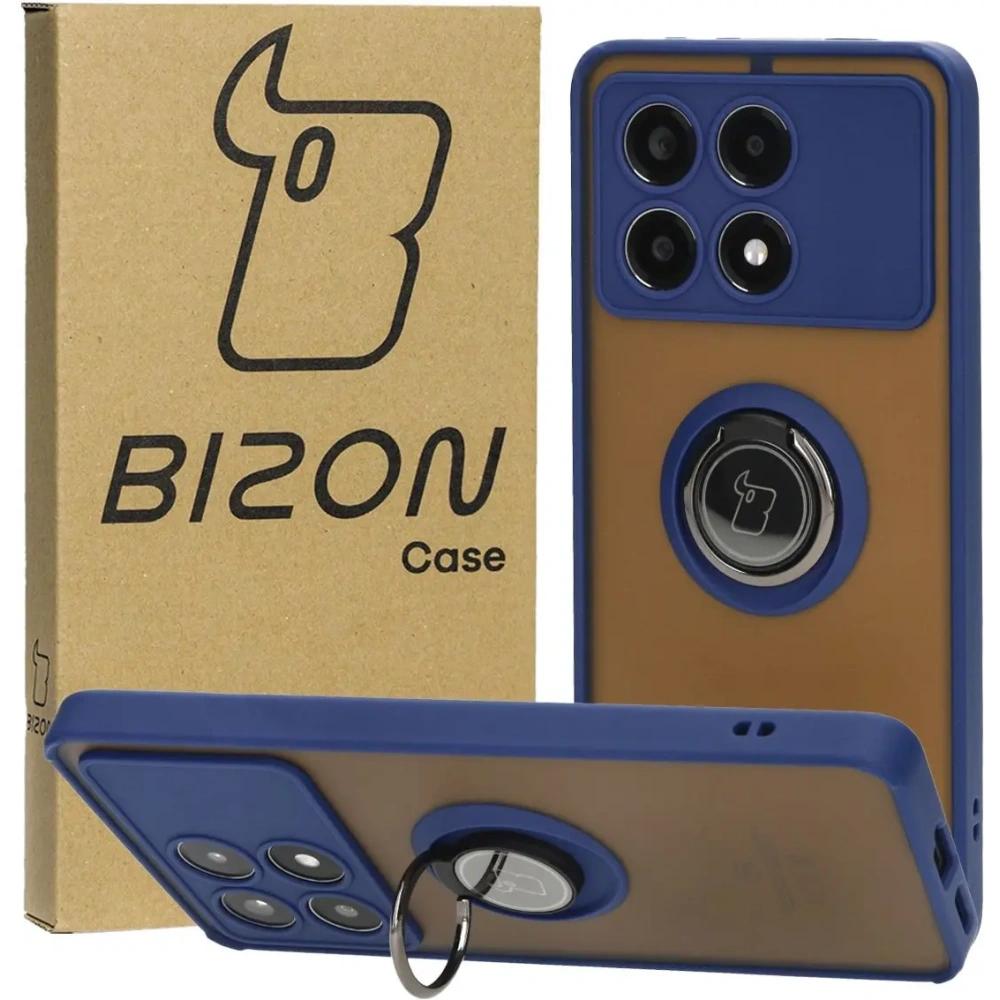 Etui z uchwytem na palec Bizon Case Hybrid Ring do Xiaomi Poco X6 Pro przydymione z granatową ramką