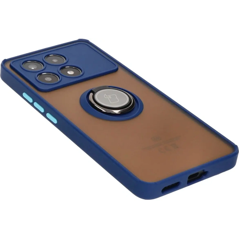 Etui z uchwytem na palec Bizon Case Hybrid Ring do Xiaomi Poco X6 Pro przydymione z granatową ramką
