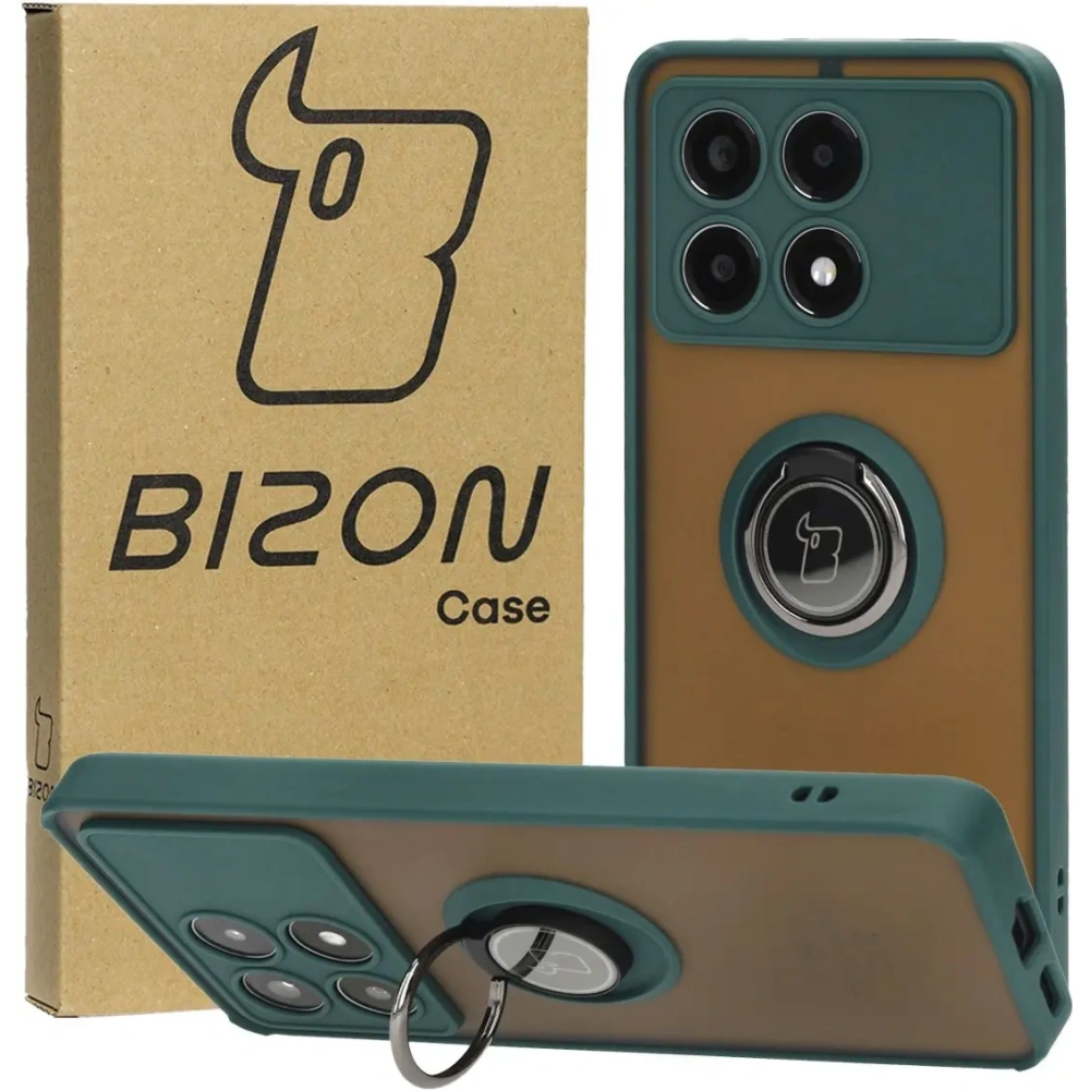 Etui z uchwytem na palec Bizon Case Hybrid Ring do Xiaomi Poco X6 Pro przydymione z ciemnozieloną ramką