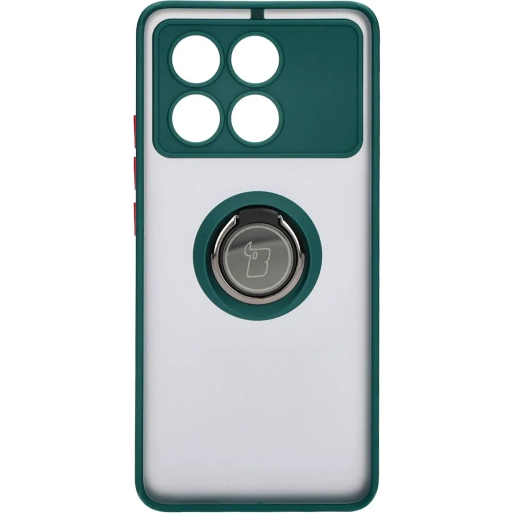 Etui z uchwytem na palec Bizon Case Hybrid Ring do Xiaomi Poco X6 Pro przydymione z ciemnozieloną ramką