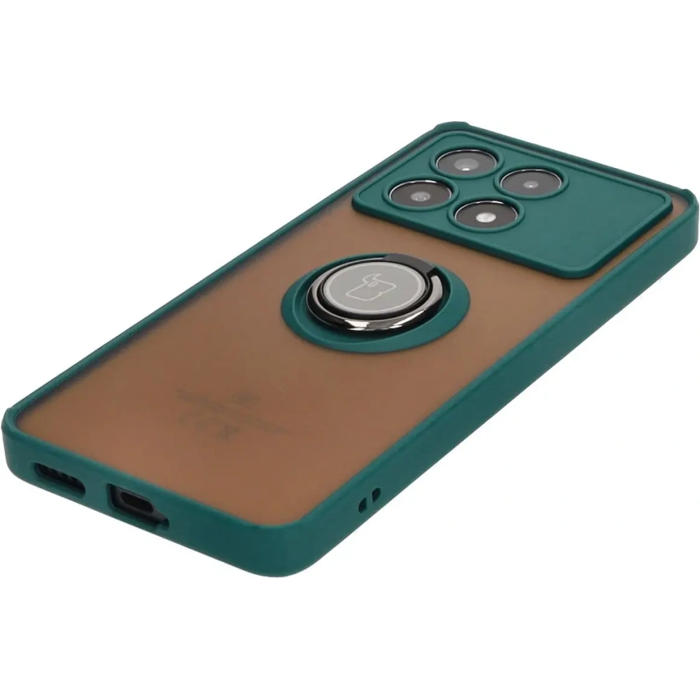 Etui z uchwytem na palec Bizon Case Hybrid Ring do Xiaomi Poco X6 Pro przydymione z ciemnozieloną ramką