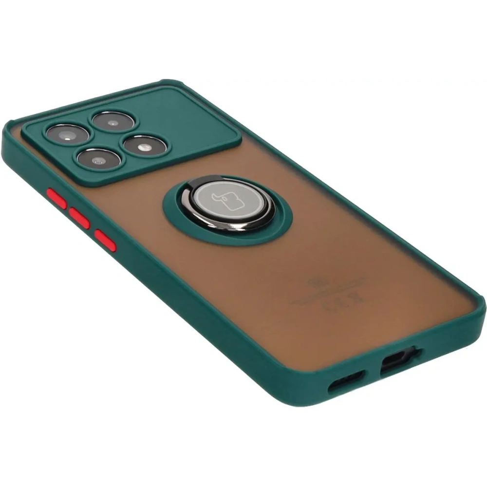Etui z uchwytem na palec Bizon Case Hybrid Ring do Xiaomi Poco X6 Pro przydymione z ciemnozieloną ramką