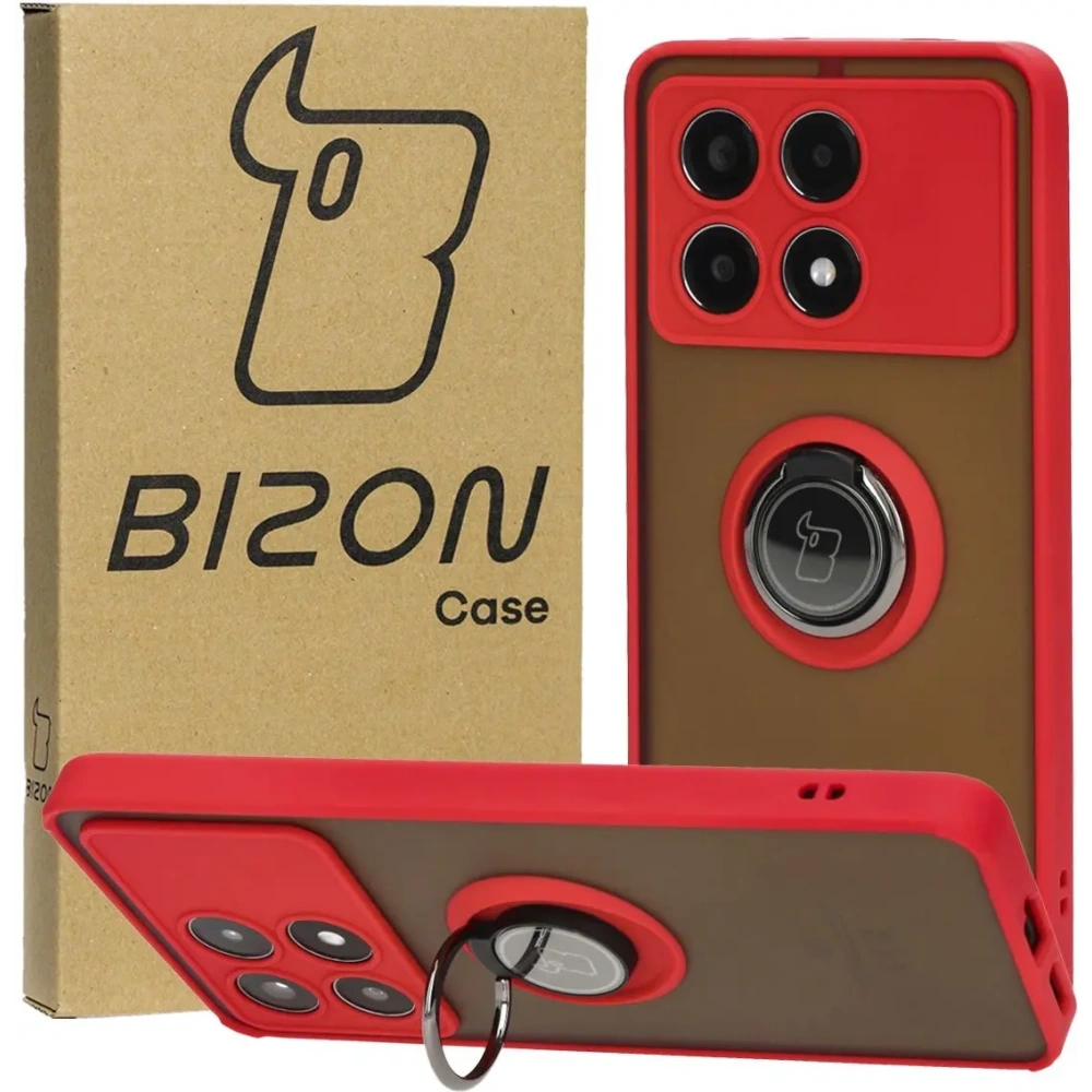 Etui z uchwytem na palec Bizon Case Hybrid Ring do Xiaomi Poco X6 Pro przydymione z czerwoną ramką