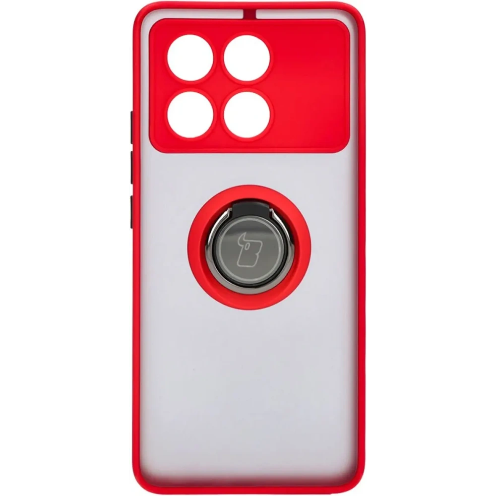 Etui z uchwytem na palec Bizon Case Hybrid Ring do Xiaomi Poco X6 Pro przydymione z czerwoną ramką