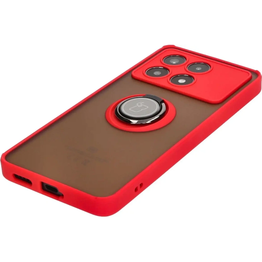 Etui z uchwytem na palec Bizon Case Hybrid Ring do Xiaomi Poco X6 Pro przydymione z czerwoną ramką