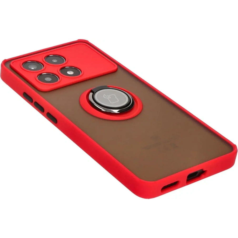 Etui z uchwytem na palec Bizon Case Hybrid Ring do Xiaomi Poco X6 Pro przydymione z czerwoną ramką