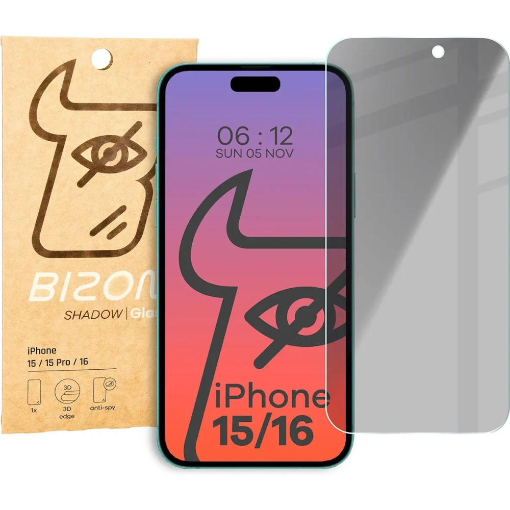 Prywatyzujące szkło hartowane Bizon Glass Clear Shadow do Apple iPhone 16/15/15 Pro przyciemniane