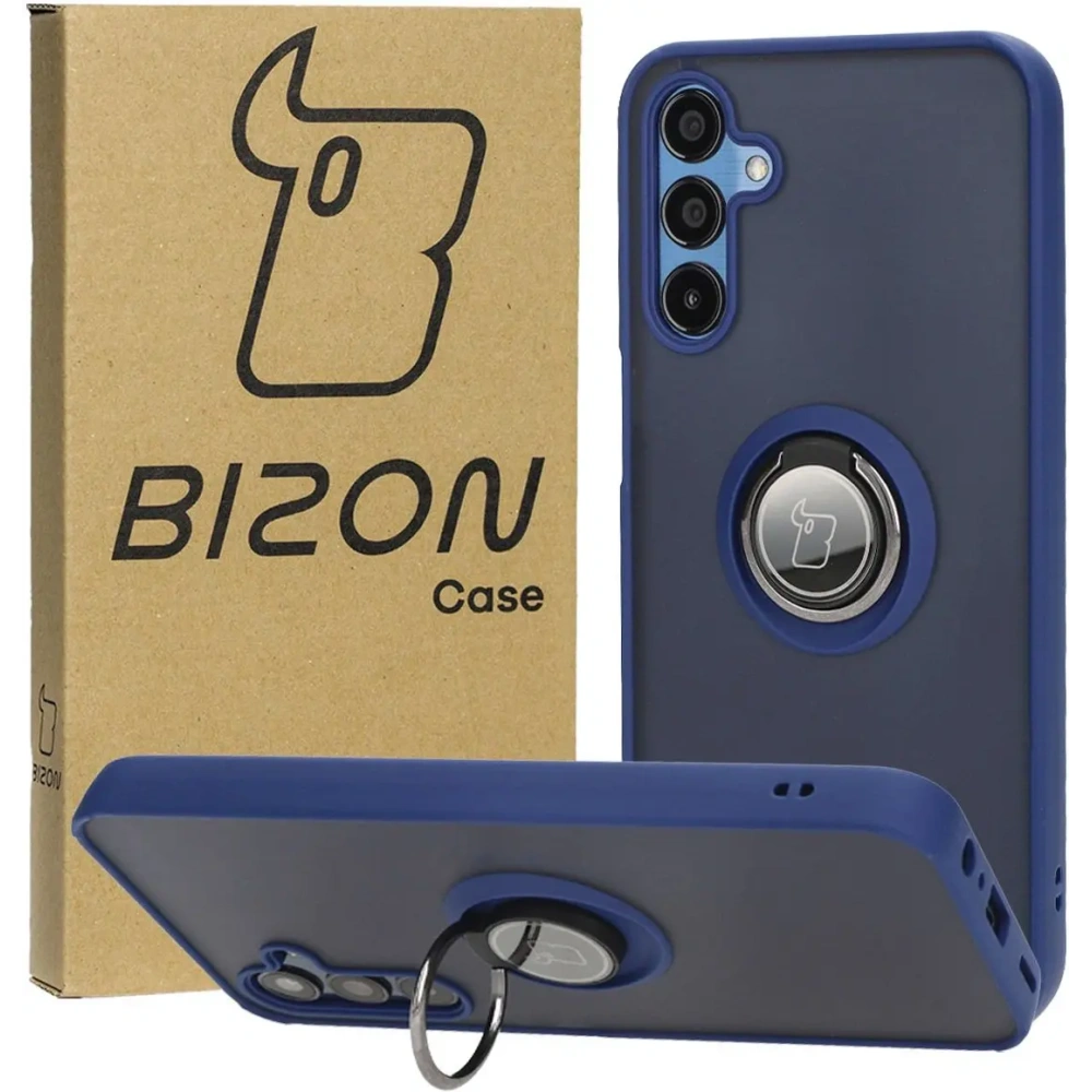 Etui z uchwytem na palec Bizon Case Hybrid Ring do Samsung Galaxy M15 5G przydymione z granatową ramką
